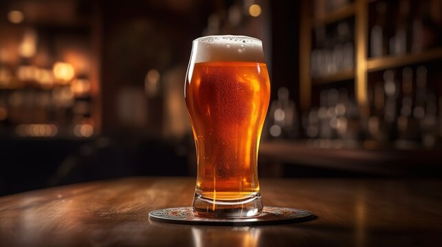 a glass of light beer with foam on a stand in a bar, defocused background. generated ai