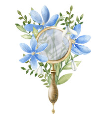 Glass Magnifier with blue Flowers and forest plants. Hand drawn watercolor illustration of vintage wanderlust equipment on white isolated background. Drawing of loupe for travel and exploration.