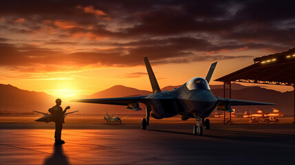 Fototapeta na wymiar military fighter jet pilot beside parked military air force plane Generative AI
