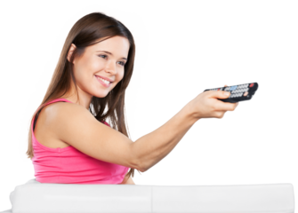 Smiling Woman Using a Remote Control