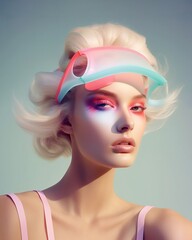Beautiful blonde woman female girl model with futuristic hat posing on the beach with blue sky background. Summer time vacaion relax mode. LA pastel 60s. Generated AI..