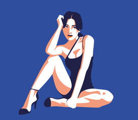 Flat design girl in a dress swimsuit vector illustration