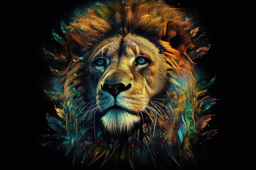 Image of a lion head with beautiful bright colors on a dark background. Wildlife Animals....