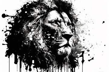 Image painting of a lion head drawing using a brush and black ink on white background. Wildlife animals. Illustration, Generative AI.