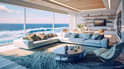 Obraz premium 3D render, Modern Interior Ocean Concept: Embracing the Timeless Elegance and Tranquility of Aesthetics, Creating a Harmonious Fusion of Indoor and Outdoor Spaces