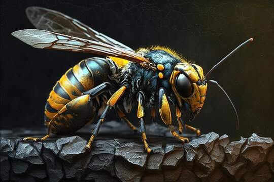 Image of black yellow wasp. Insect. Illustration, generative AI.