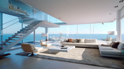 Fototapeta premium 3D render, Modern Interior Ocean Concept: Embracing the Timeless Elegance and Tranquility of Aesthetics, Creating a Harmonious Fusion of Indoor and Outdoor Spaces