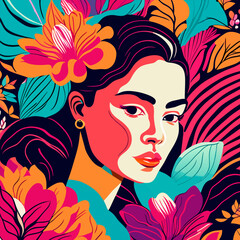 Beautiful face of a girl with black hair in flowers