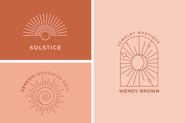 Bohemian linear sun logos, icons and symbols, minimalist arc and window design templates, geometric abstract design elements for decoration.