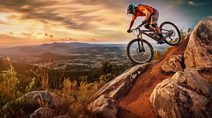 Fototapeta na wymiar Man high jump on a mountain bike. Downhill cycling. Generative AI