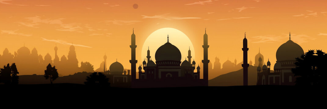 Muslim mosque beautiful illustration, banner, generative AI