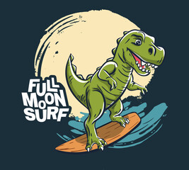 Dinosaur night surfer cool summer t-shirt print. T-rex midnight ride surfboard on big wave - 610672781