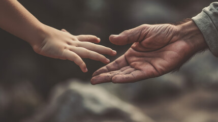 Heartwarming Moment of an Elder Man Holding the Hand of a Child. Portrays Protection, Love, Affection, and Support. With Licensed Generative AI Technology Assistance.