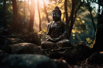 Statue of Buddha in morning a forest. Zen spiritual ritual meditating white face of brown Buddha, green background. Spiritual calmness and awakening. Religion concept, esoterics. Generative AI. - obrazy, fototapety, plakaty