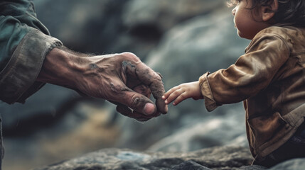 Heartwarming Moment of an Elder Man Holding the Hand of a Child. Portrays Protection, Love, Affection, and Support. With Licensed Generative AI Technology Assistance.