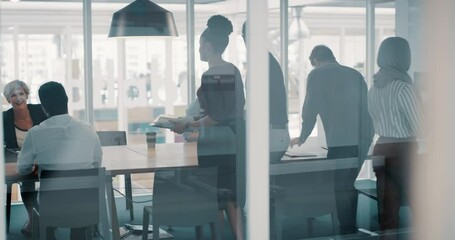 Morning, office and business people in a meeting at work for strategy, legal planning and agenda. Talking, group of lawyers and in a boardroom for a schedule, teamwork or a law firm discussion