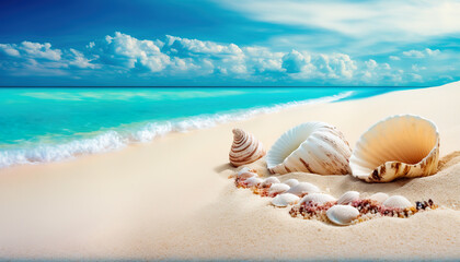 Fototapeta na wymiar Shells on sandy beach. Tropical beach with sea shells on sand. Summer holiday concept. 