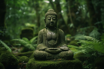 Buddha statue in a blurred green bamboo zen jungle, friendly peaceful tropical environment, fresh natural spa asian wallpaper. Mindfulness, wellness, and Inspiring concept. Generative AI Technology
