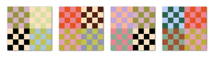 Vector illustration. Set of six Y2k backgrounds. Cool simple geometric posters. Set of checkerboard backgrounds in pastel colors. Suitable as a palette for printing patterns or textiles.