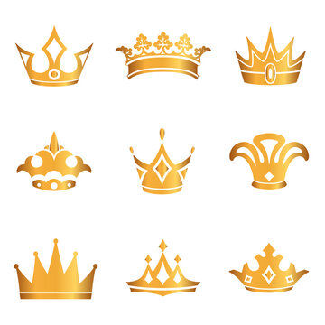 Golden crown icon set. Collection of crown awards for winners, champions, leaders. Vector isolated elements for logo, label, game, hotel, an app design. Royal king, queen, princess crown.