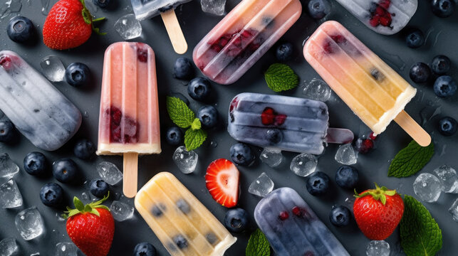 Ice cream popsicles with fruit berries.