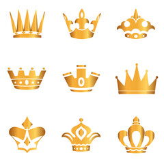 Golden crown icon set. Collection of crown awards for winners, champions, leaders. Vector isolated elements for logo, label, game, hotel, an app design. Royal king, queen, princess crown.