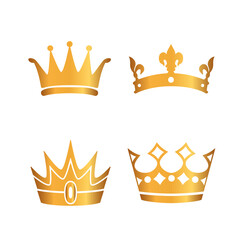 Golden crown icon set. Collection of crown awards for winners, champions, leaders. Vector isolated elements for logo, label, game, hotel, an app design. Royal king, queen, princess crown.