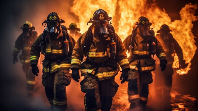 A group of firemen walking in front of a fire. Generative AI image.