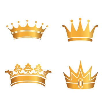 Golden crown icon set. Collection of crown awards for winners, champions, leaders. Vector isolated elements for logo, label, game, hotel, an app design. Royal king, queen, princess crown.