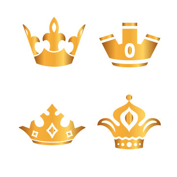 Golden crown icon set. Collection of crown awards for winners, champions, leaders. Vector isolated elements for logo, label, game, hotel, an app design. Royal king, queen, princess crown.