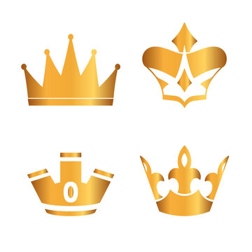 Golden crown icon set. Collection of crown awards for winners, champions, leaders. Vector isolated elements for logo, label, game, hotel, an app design. Royal king, queen, princess crown.