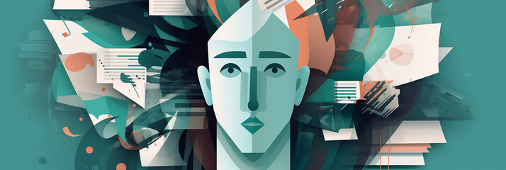 Paperwork flat vector person head double exposure, banner, generative AI