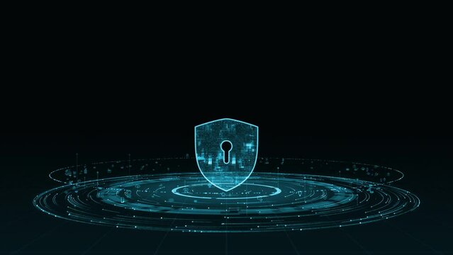 Motion graphic of Blue security shield logo with particle ring circle rotation with ai technology icon on futuristic abstract background network firewall technology and data secure concepts