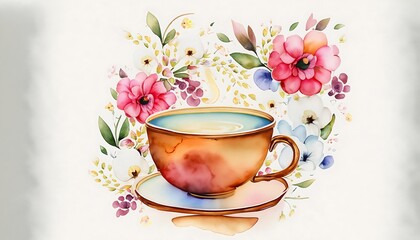 Naklejka na ściany i meble A cute watercolor tea cup with flowers, Ai generated.