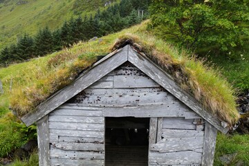 Wooden shelter for sheep and herders in Runde Island, Norway. Traditional grass sod roof.