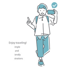 スマホを片手に一人旅をする若い男性　シンプルでお洒落な線画イラスト