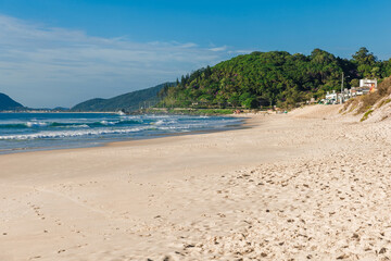 Fototapeta na wymiar Sand beach and blue ocean with surfing waves in Brazil