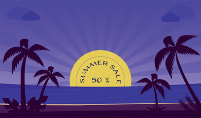 Summer sale banner vector illustration.Evening on the beach with palm trees. © Sun_Rise