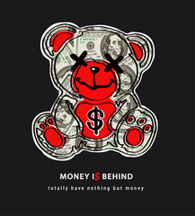 Fototapeta na wymiar bear doll graphic line art on dollar cash background vector illustration