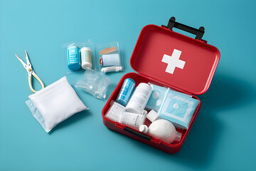  Home first aid kit on blue background. The components of the first aid kit are placed on the table  - obrazy, fototapety, plakaty