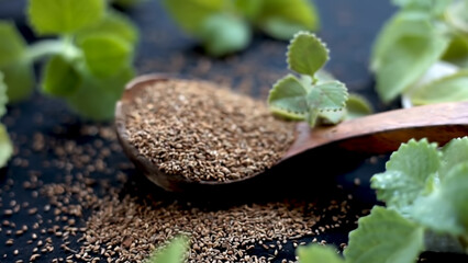 caraway seeds or ajwain seeds in a spoon along with Trachyspermum ammi leaves on a wooden surface - obrazy, fototapety, plakaty