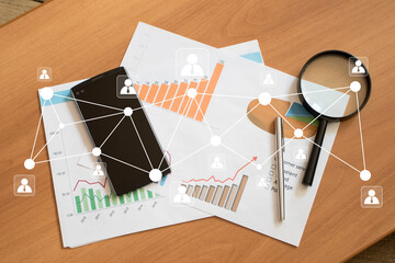 Analysis and research of financial data on business the chart in office. - 610677504