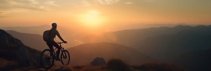 Obraz premium woman cyclist rider in mountain bike on mountain peak at sunset, banner, generative AI