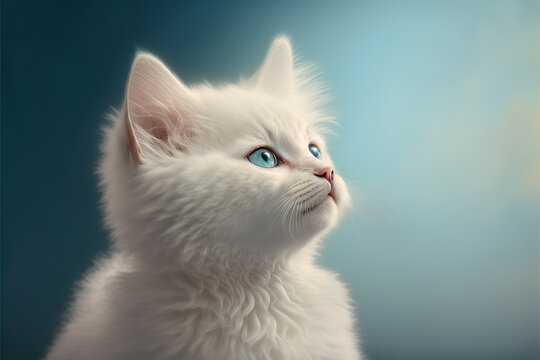 A cute white kitten looks at the empty space of the picture. Generative AI.