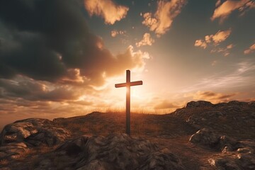 Cross on the top of the mountain with dramatic sky.Generative Ai