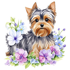 Cute yorkshire terrier with flowers. Watercolor illustration.