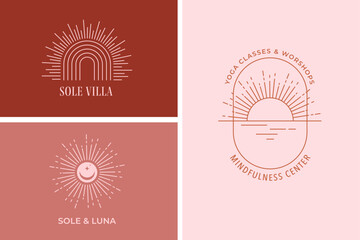 Bohemian linear sun logos, icons and symbols, minimalist arc and window design templates, geometric abstract design elements for decoration.