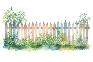 Watercolor of set of minimal  garden fence isolated on clear png background, brown wooden fences with bushes, flowers and plant, elements natural botanical leaves, with Generative Ai.