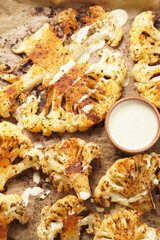 A close-up photo of oven roasted thin slices of white cauliflower seasoned with paprika and black pepper, with hearty tahini sauce. flat lay, top view