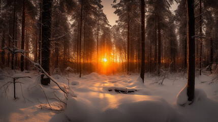 arvores de outrono em cenário de neve em por do sol lindo 